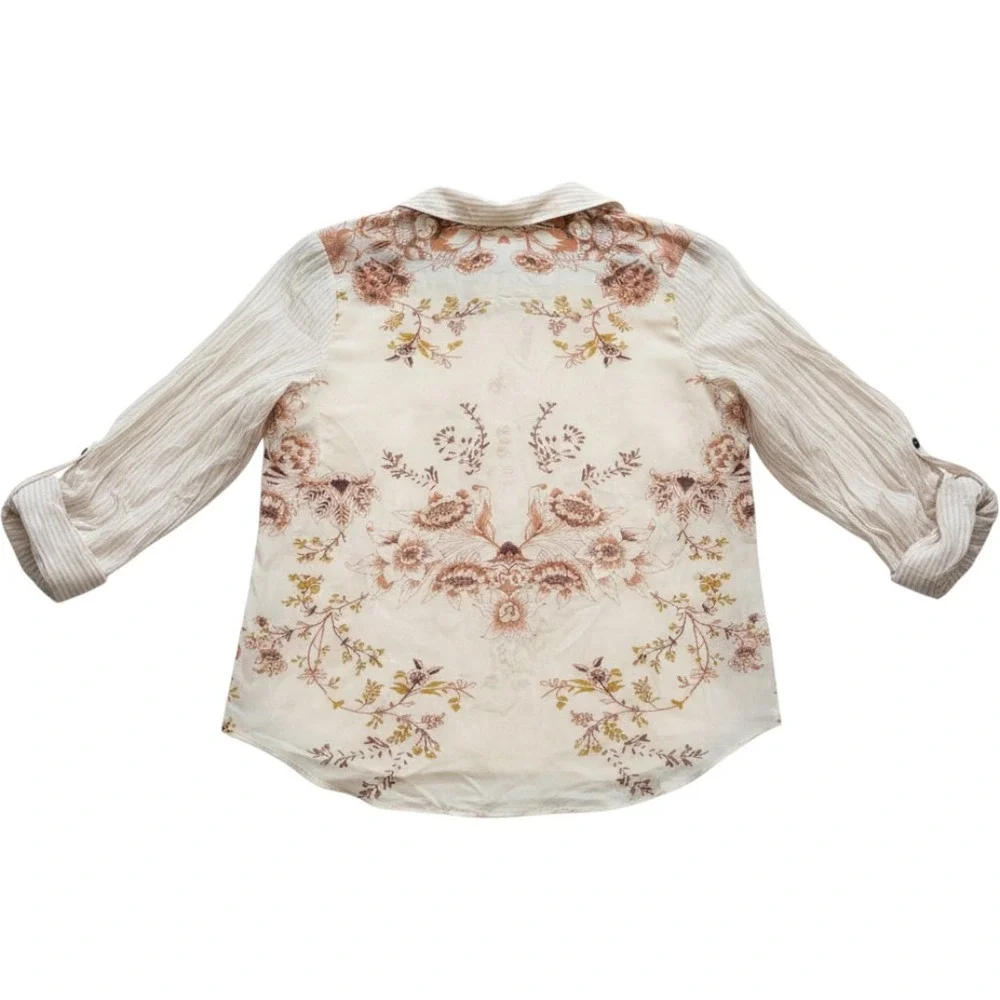 Free People sz S beige‎ stripe floral sheer long sleeve cotton blouse GG